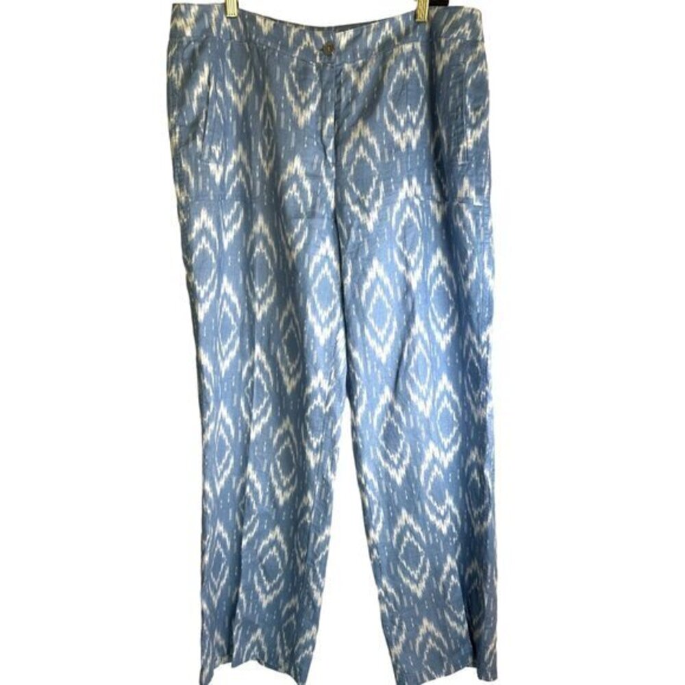 Chico's Ikat Linen Pants Size 2.5 Blue White Trousers Wide Leg Pockets
